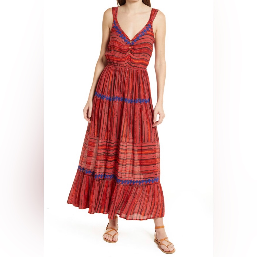 Raga Josefina Sleeveless Tiered Maxi Dress Red And Blue Embroidered Boho Xs Nwt